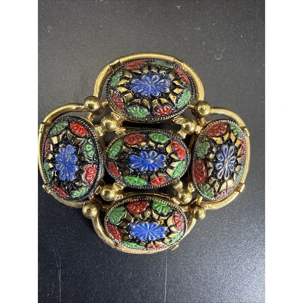 SARAH COVENTRY 1960s Vintage Light of East Mosaic Gold Tone Floral Enamel Brooch